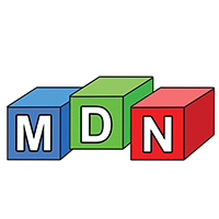 Nursery Logo. The letters M, D and N all on the side of building blocks. The letters are white and on blue, green and red blocks respectively.